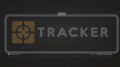 Animated stitch-out of the Tracker logo on an embroidery hoop, showing colour changes and a live stitch count